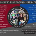Plakat informujący o konkursie literacko-plastycznym, przedstawiający młodzież na tle regałów bibliotecznych