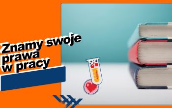 Zamknięte książki leżące na biurku. Napis: Znamy swoje prawa w pracy.